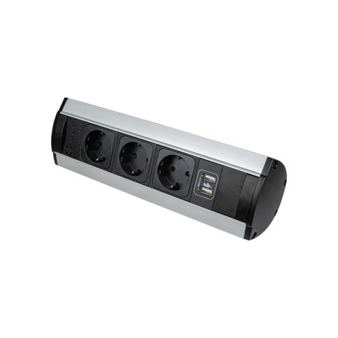 VersaTOP Enchufe de sobremesa, 3 tomas + 2 puertos USB (5 V, 2,1 A), 110-220 V, 16 A plateado