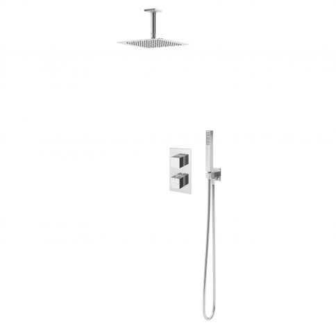 Bruma Escudo Set de ducha con rociador de acero inoxidable 250x250 mm, brazo de ducha de techo 100 mm, set de teleducha y mezclador termostático Celsius, Puesta de sol