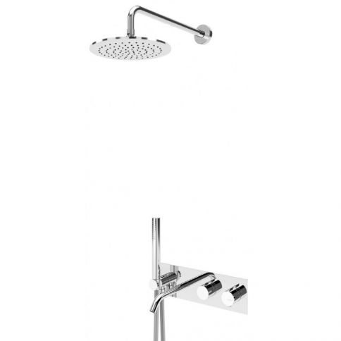 Bruma Leaf Conjunto termostático de baño-ducha con rociador de acero inoxidable Ø250 mm, set de ducha de mano Elo y caño de bañera – VenusQ, Satinox