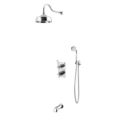 Bruma Elite Set termostático de bañera/ducha con rociador de latón Ø200 mm, set de ducha de mano y caño de pared, Latón viejo